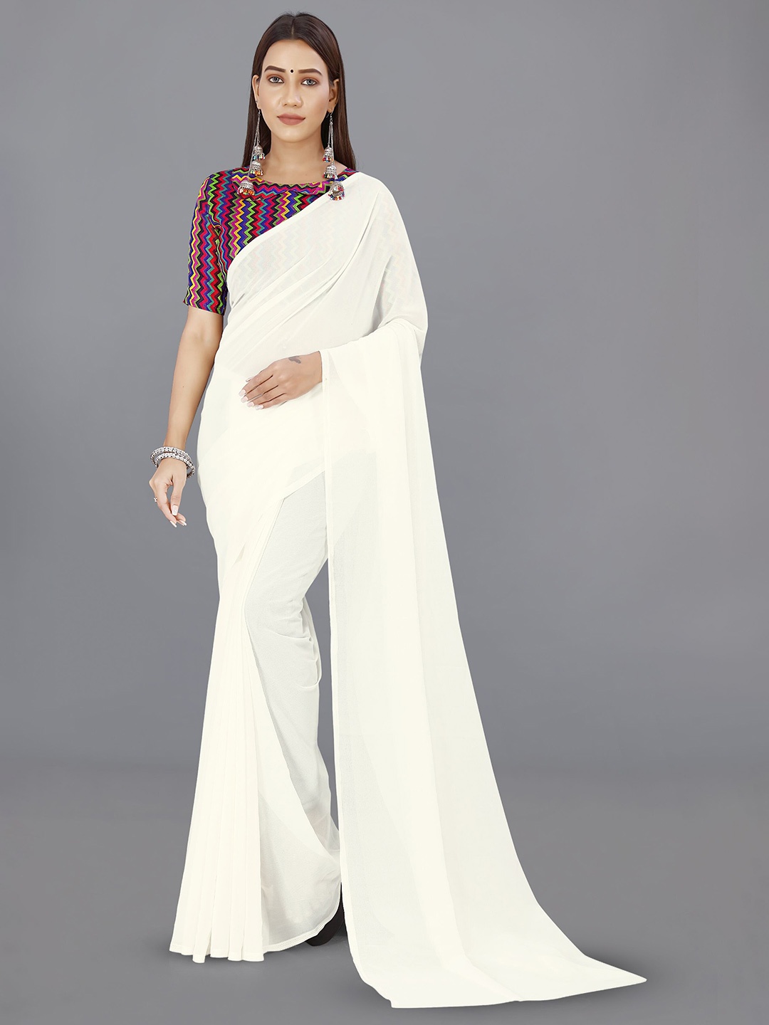 

ANAND SAREES Solid Poly Georgette Saree, White