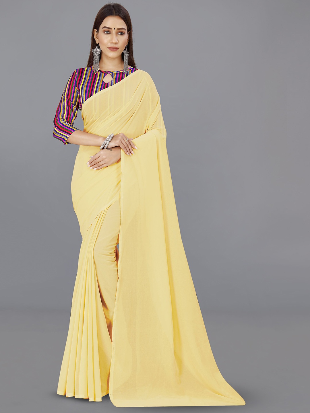 

ANAND SAREES Solid Poly Georgette Saree, Yellow