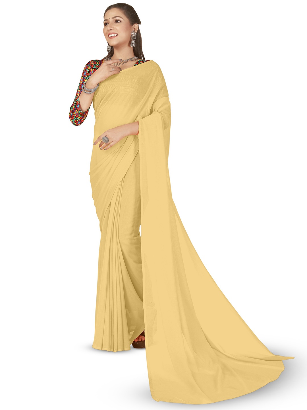 

ANAND SAREES Solid Poly Georgette Saree, Beige