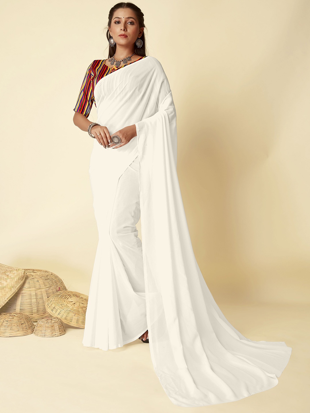 

ANAND SAREES Poly Georgette Saree, White