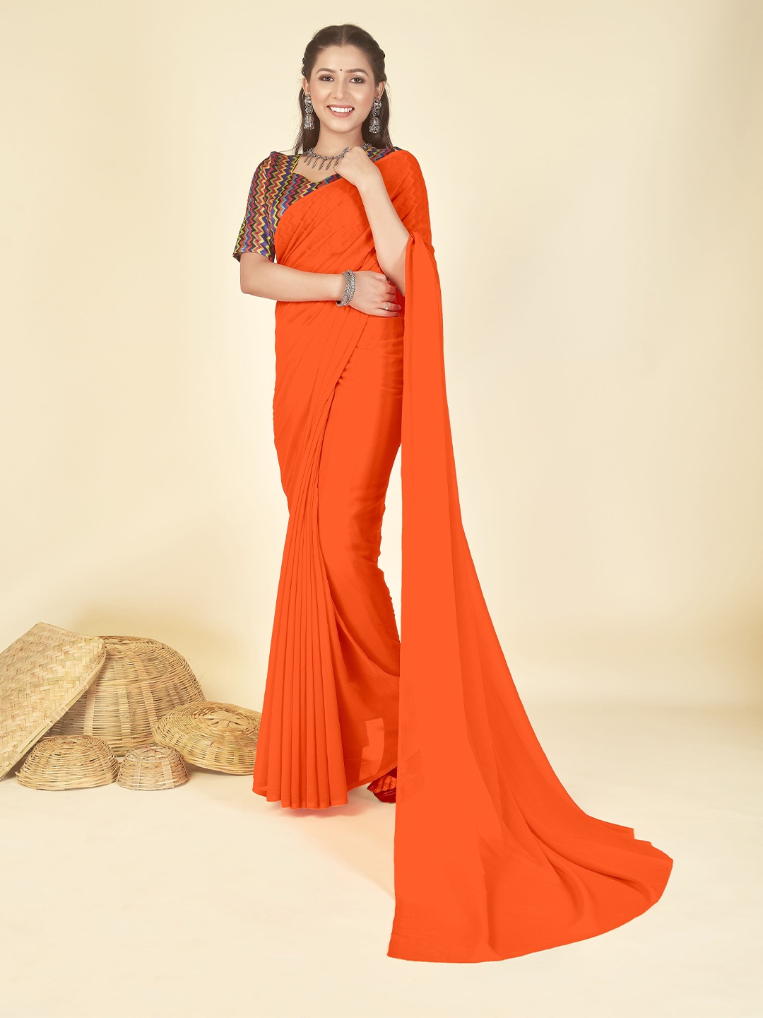 

ANAND SAREES Saree with Printed Blouse, Orange