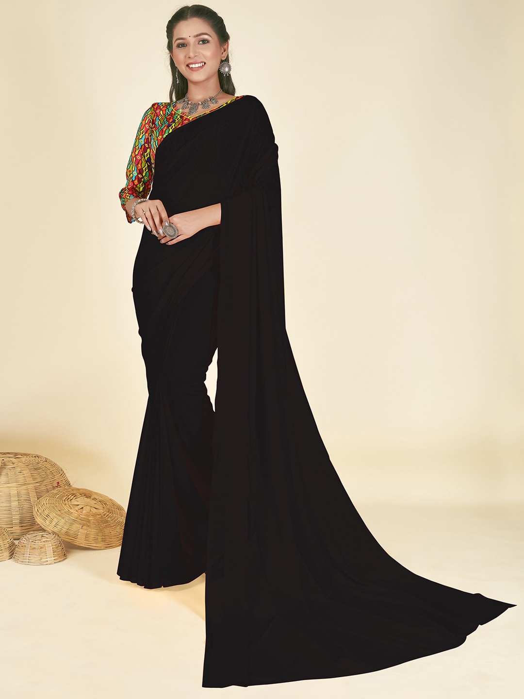 

ANAND SAREES Solid Poly Georgette Saree, Black