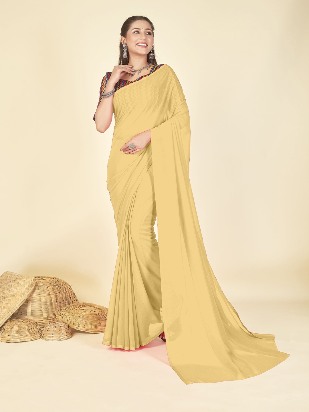 

ANAND SAREES Poly Georgette Saree, Beige