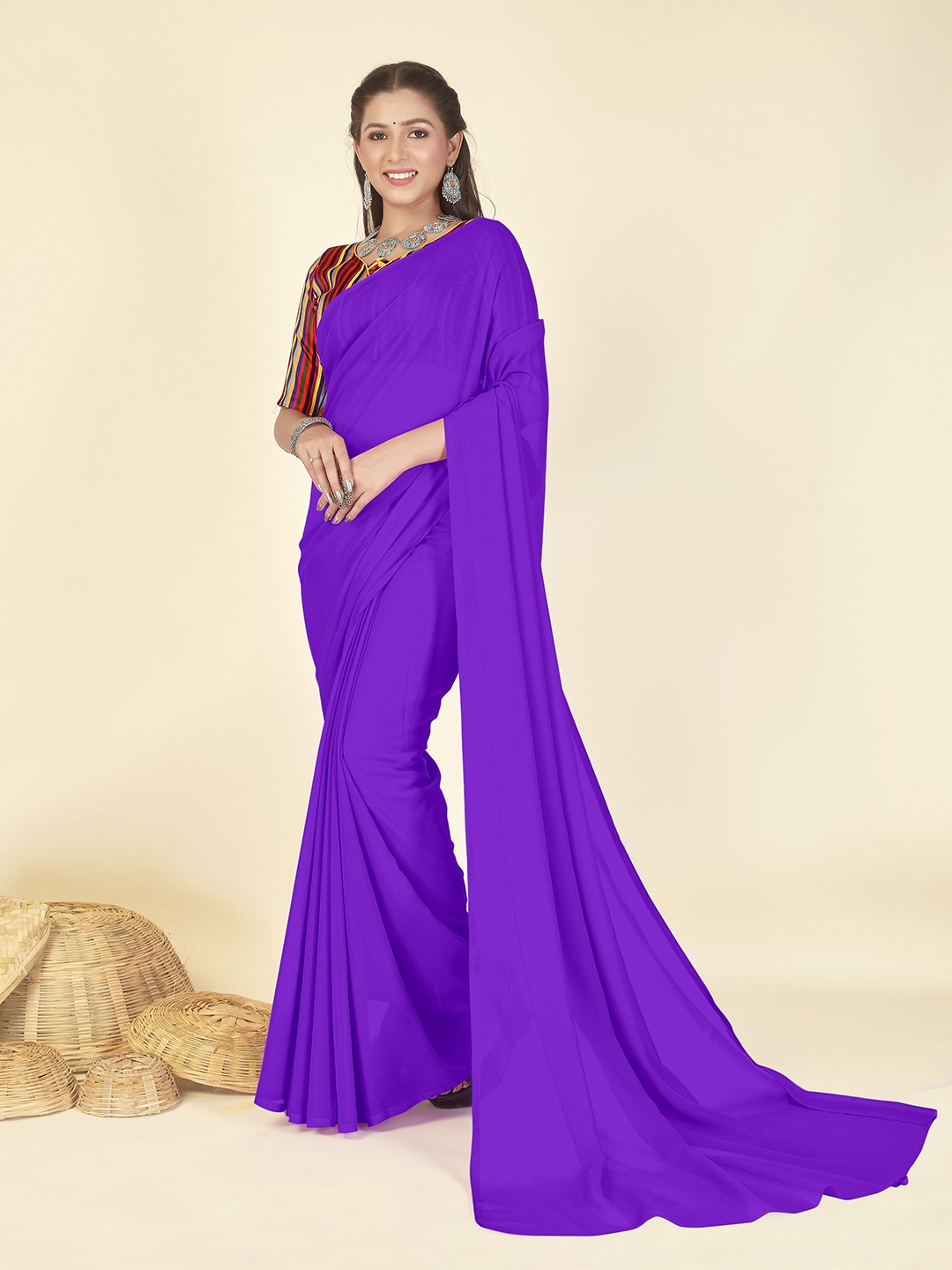 

ANAND SAREES Solid Poly Georgette Sareee, Purple