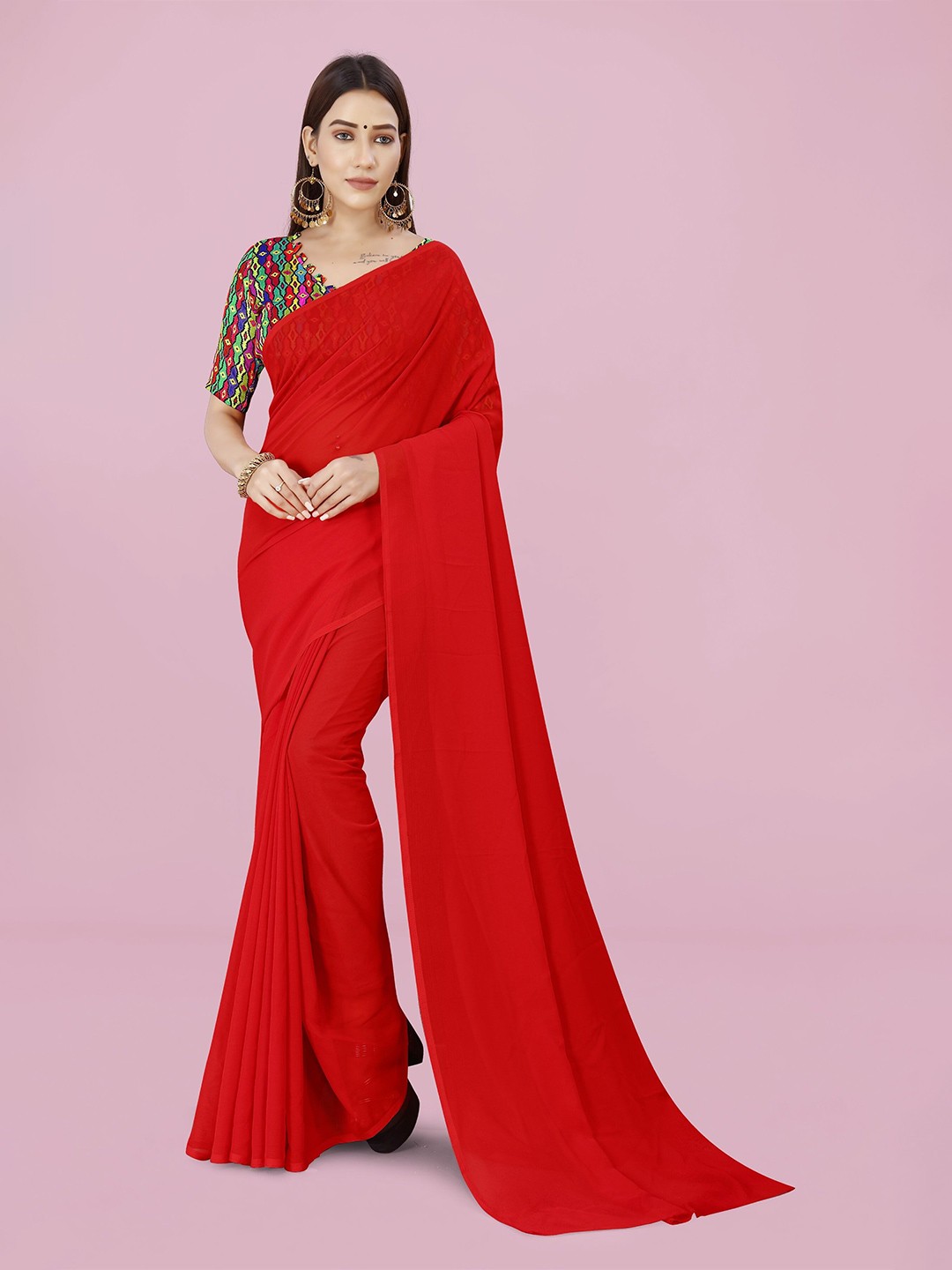 

ANAND SAREES Solid Poly Georgette Saree, Red