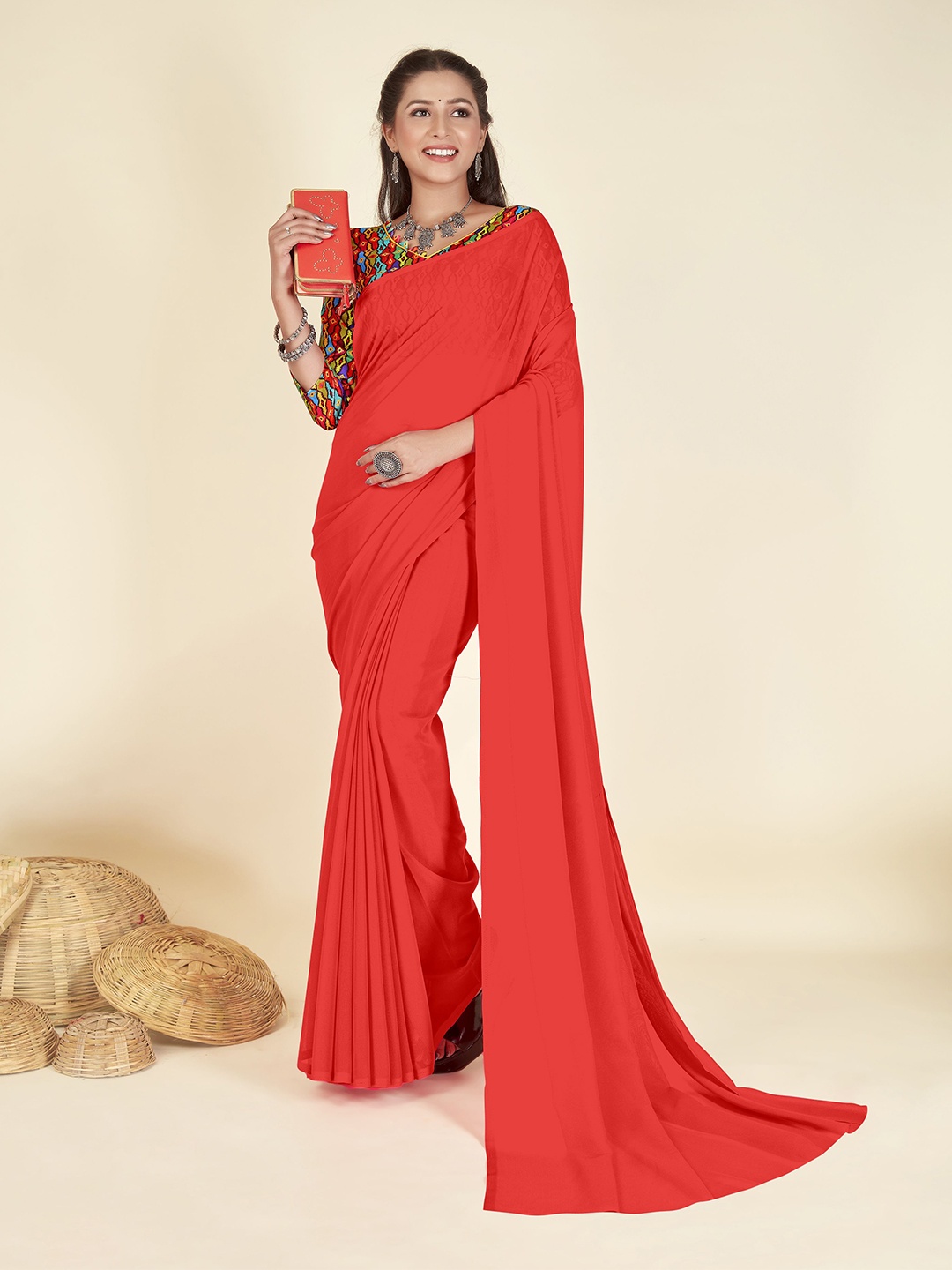 

ANAND SAREES Solid Poly Georgette Saree, Red