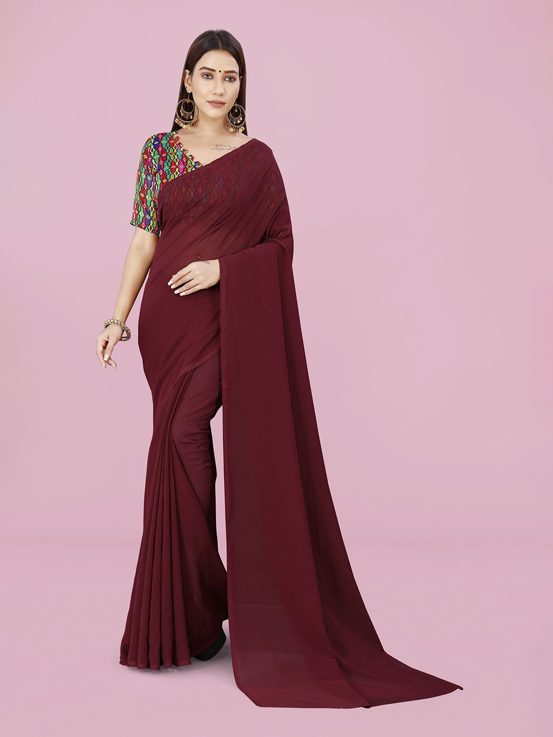 

ANAND SAREES Solid Georgette Saree, Brown
