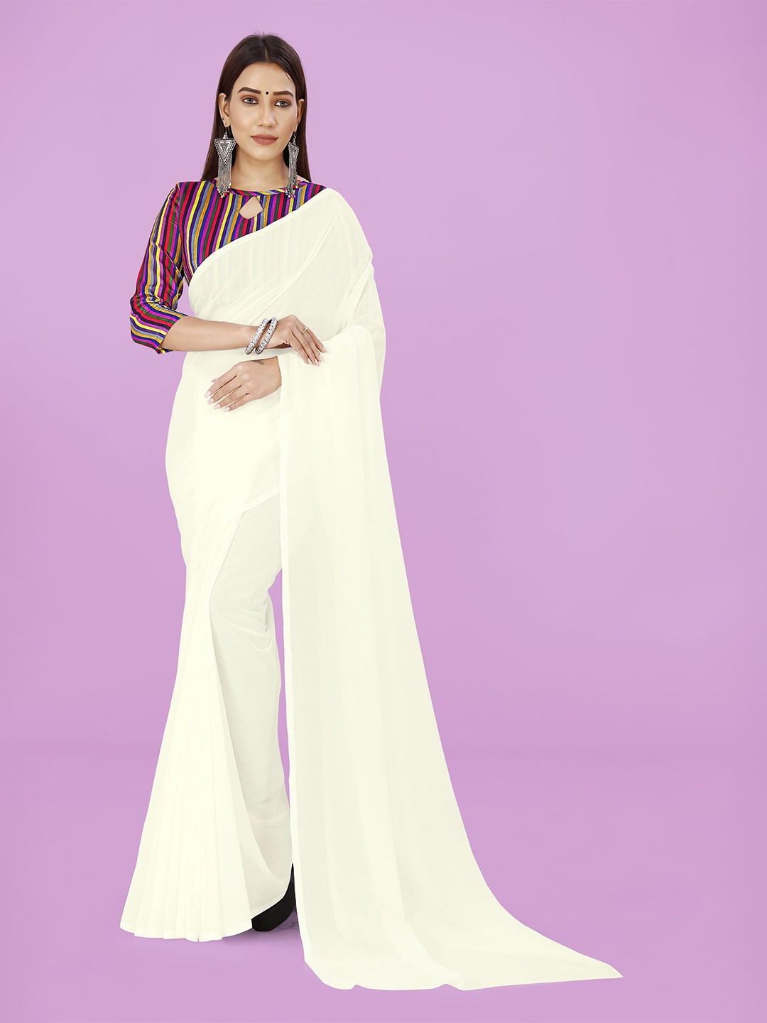 

ANAND SAREES Solid Poly Georgette Saree, White