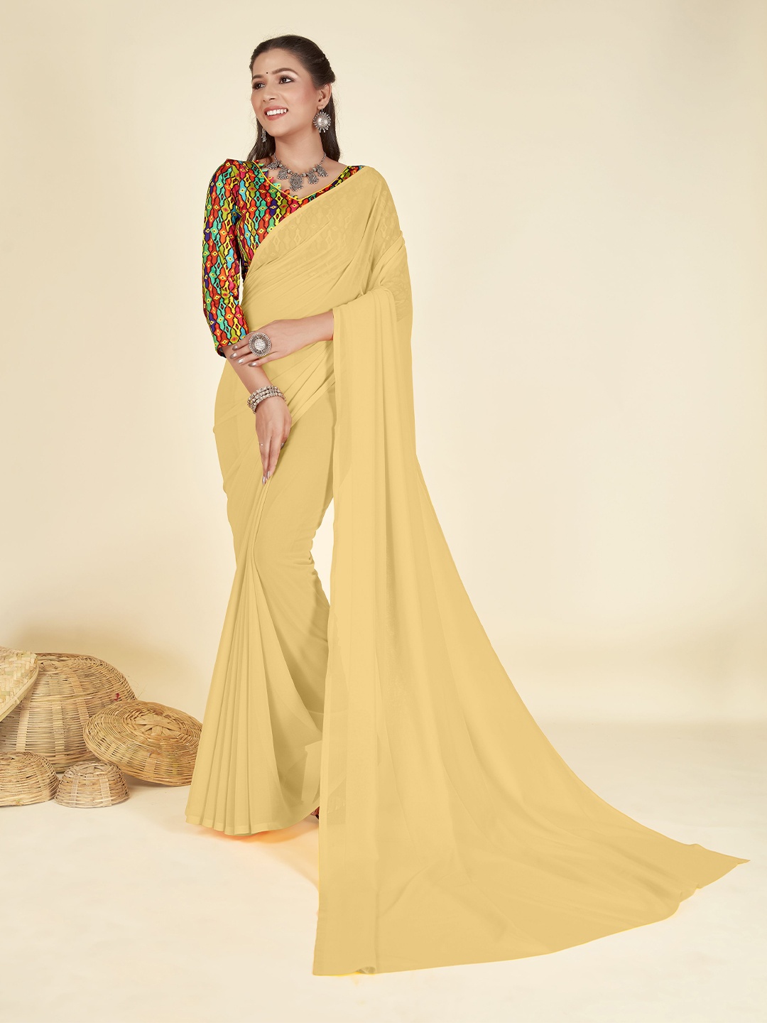 

ANAND SAREES Solid Poly Georgette Saree, Beige