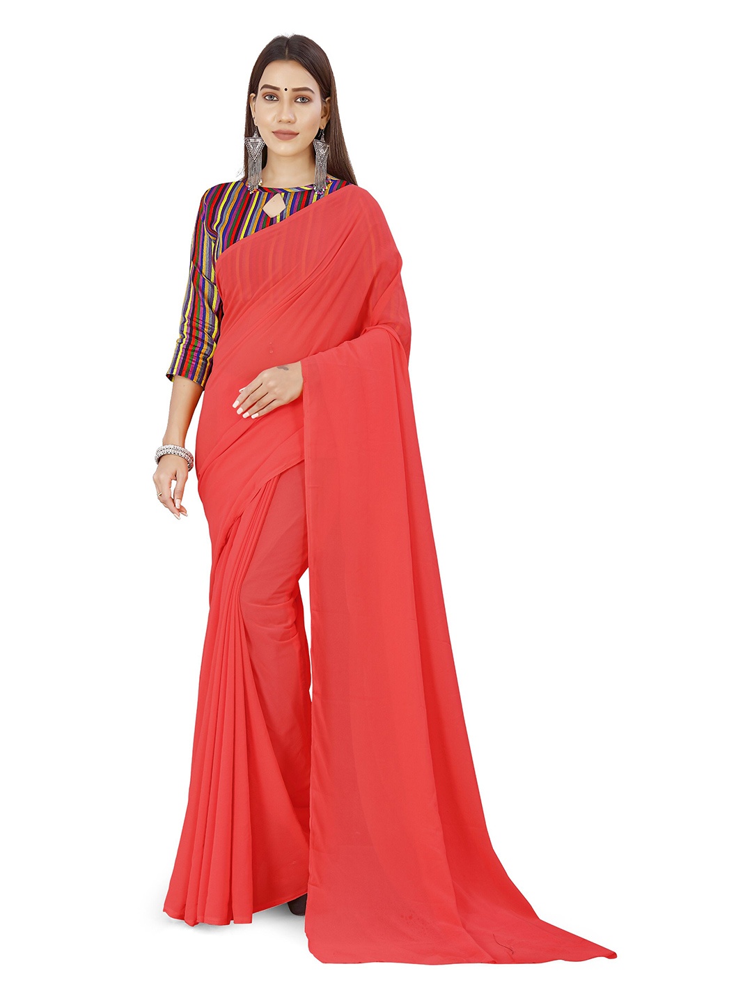 

ANAND SAREES Solid Poly Georgette Saree, Pink