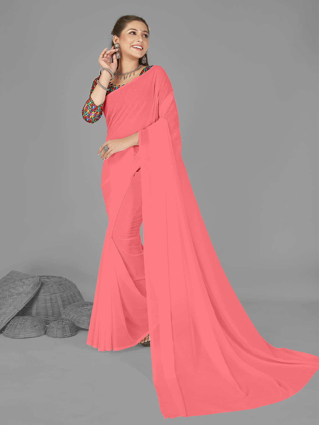 

ANAND SAREES Solid Poly Georgette Saree, Pink