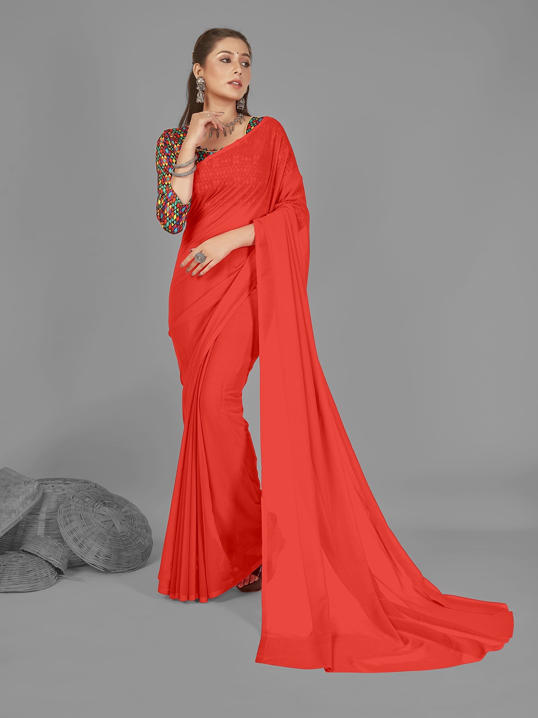 

ANAND SAREES Saree with Printed Blouse, Red