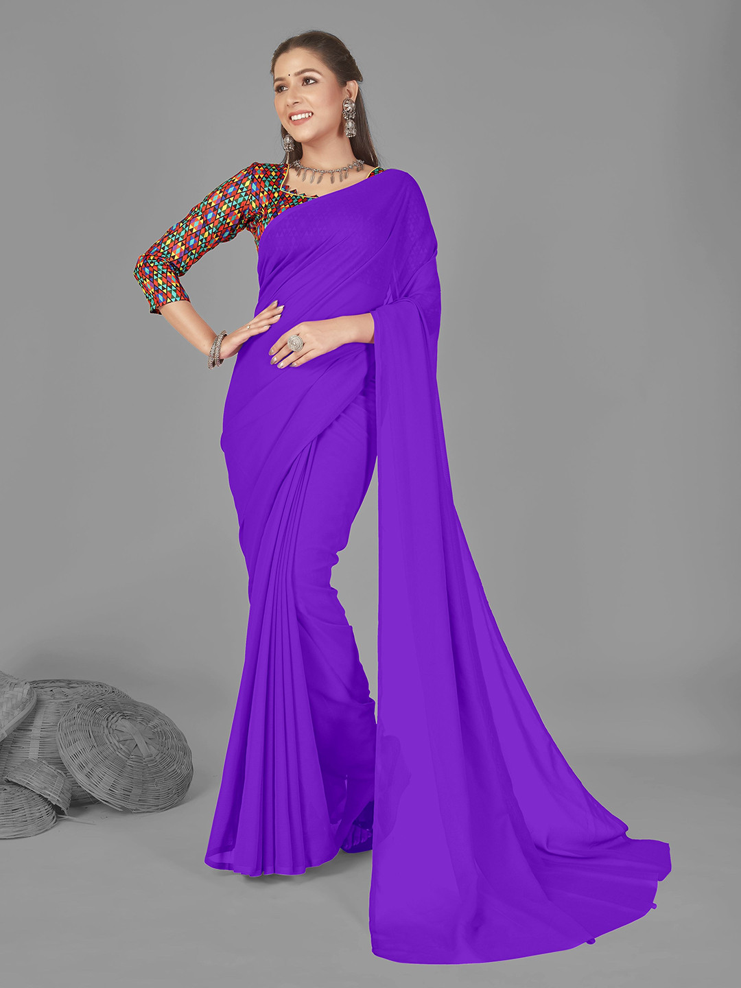 

ANAND SAREES Solid Georgette Saree, Purple