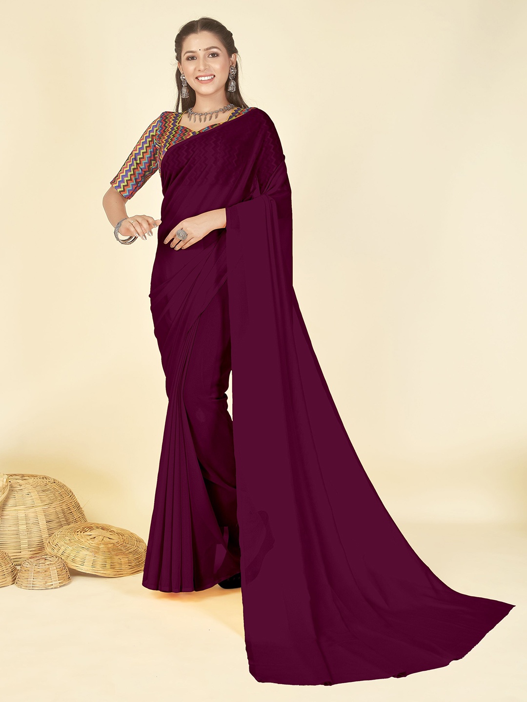 

ANAND SAREES Saree with Printed Blouse, Brown