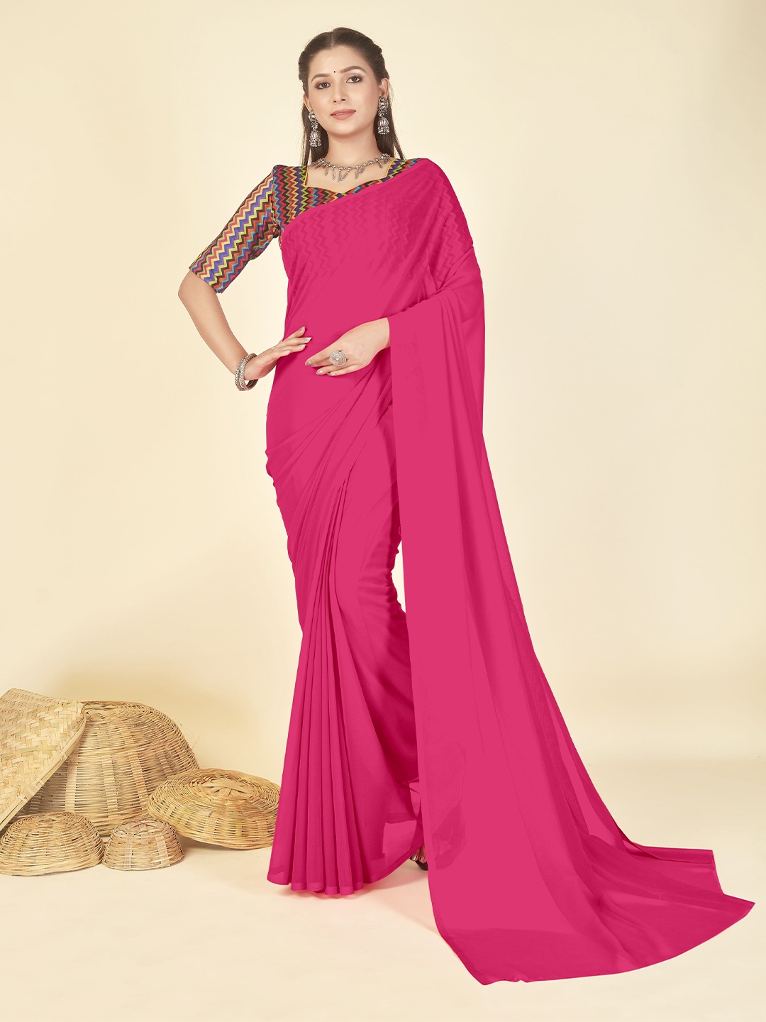 

ANAND SAREES Solid Georgette Saree, Pink