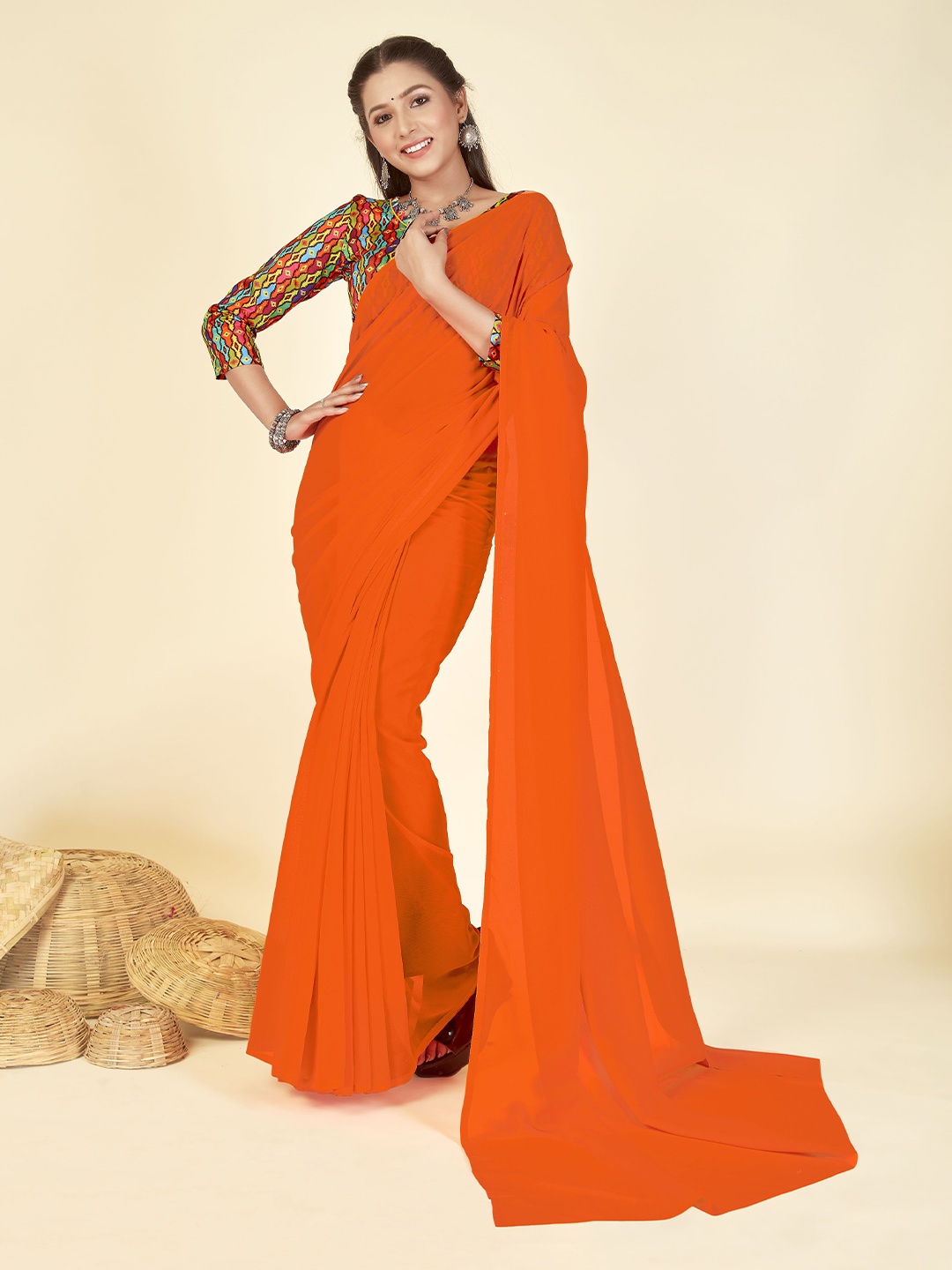 

ANAND SAREES Solid Poly Georgette Saree, Orange