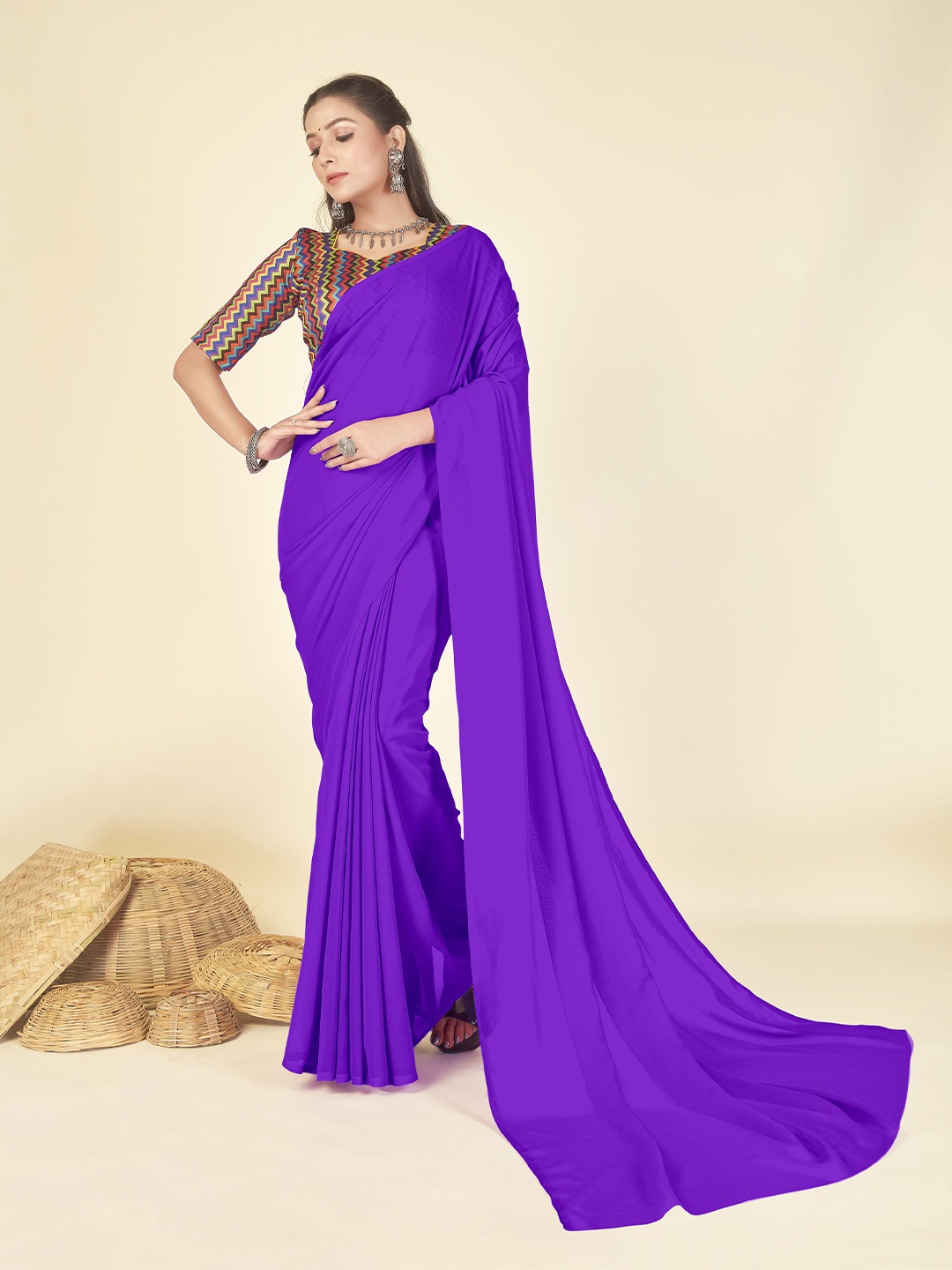 

ANAND SAREES Solid Georgette Saree, Purple