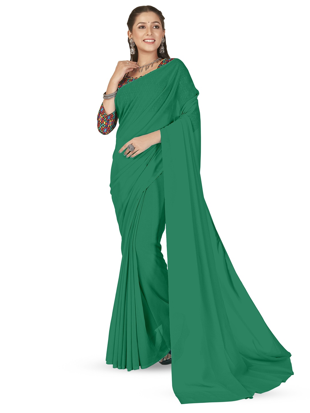 

ANAND SAREES Solid Poly Georgette Saree, Green