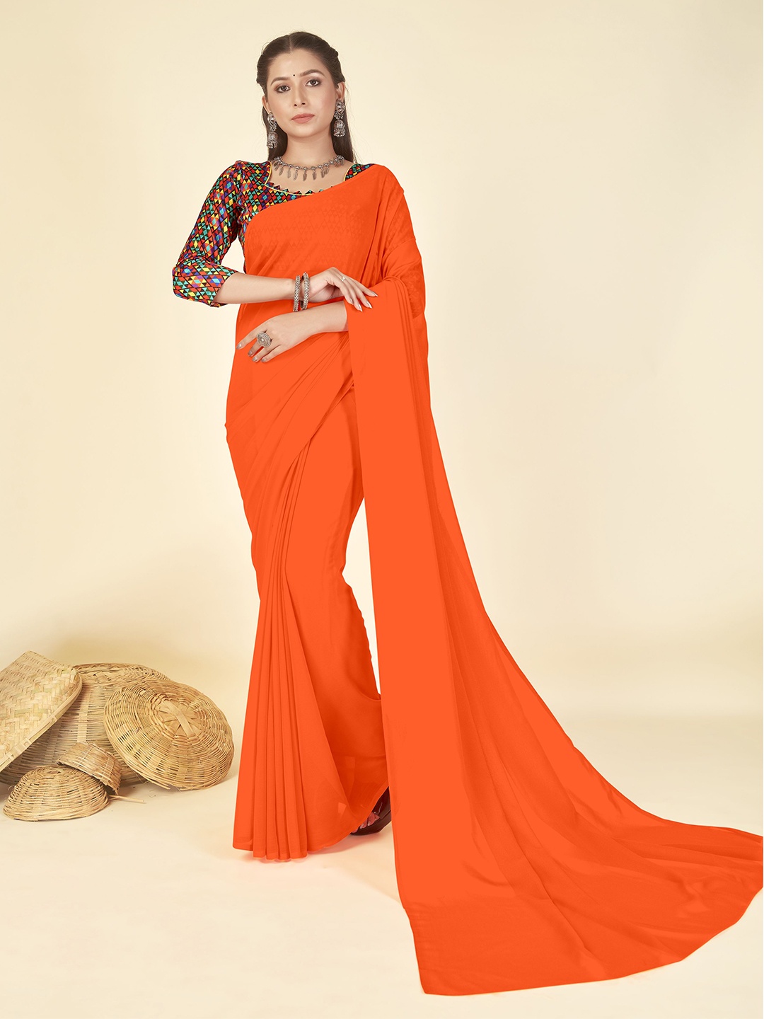 

ANAND SAREES Poly Georgette Saree, Orange