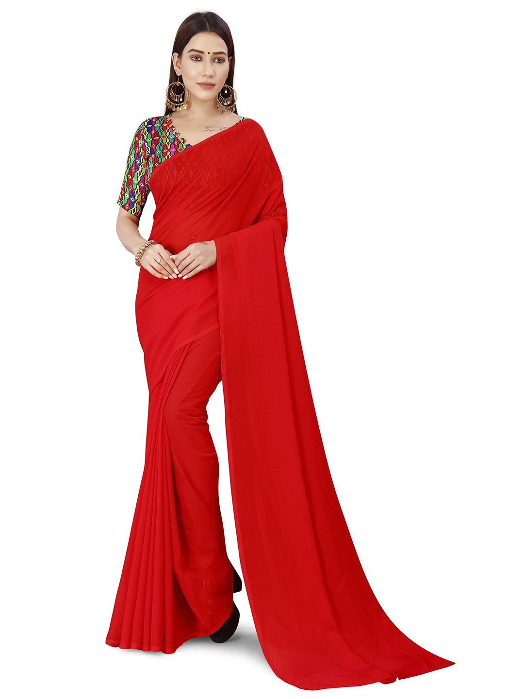 

ANAND SAREES Solid Georgette Saree, Red