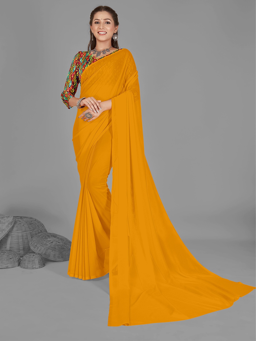 

ANAND SAREES Solid Poly Georgette Saree, Yellow