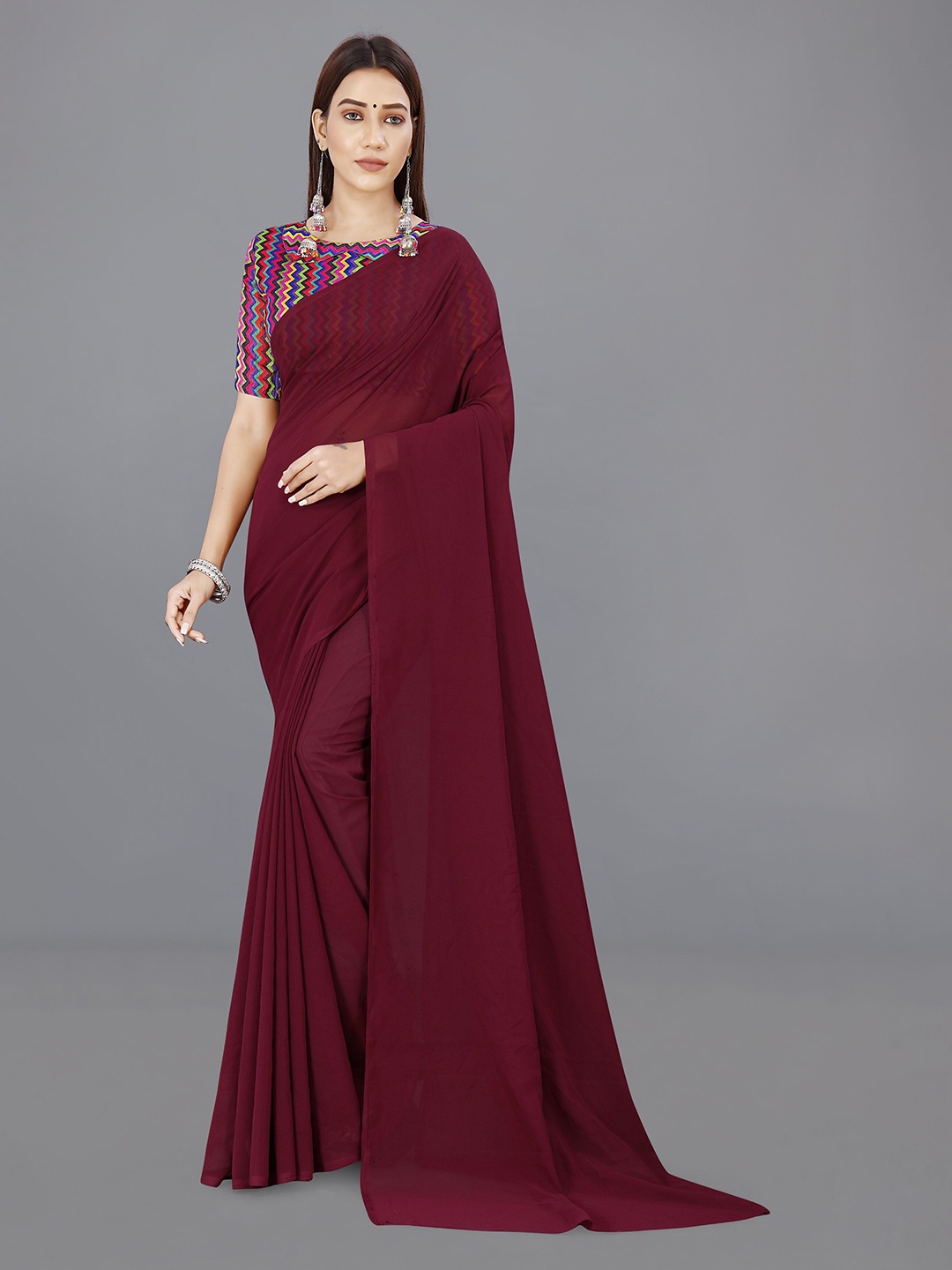 

ANAND SAREES Solid Saree, Maroon