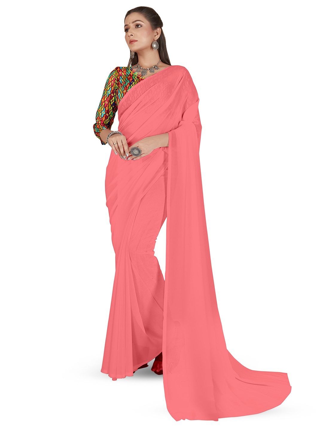 

ANAND SAREES Solid Poly Georgette Saree, Pink