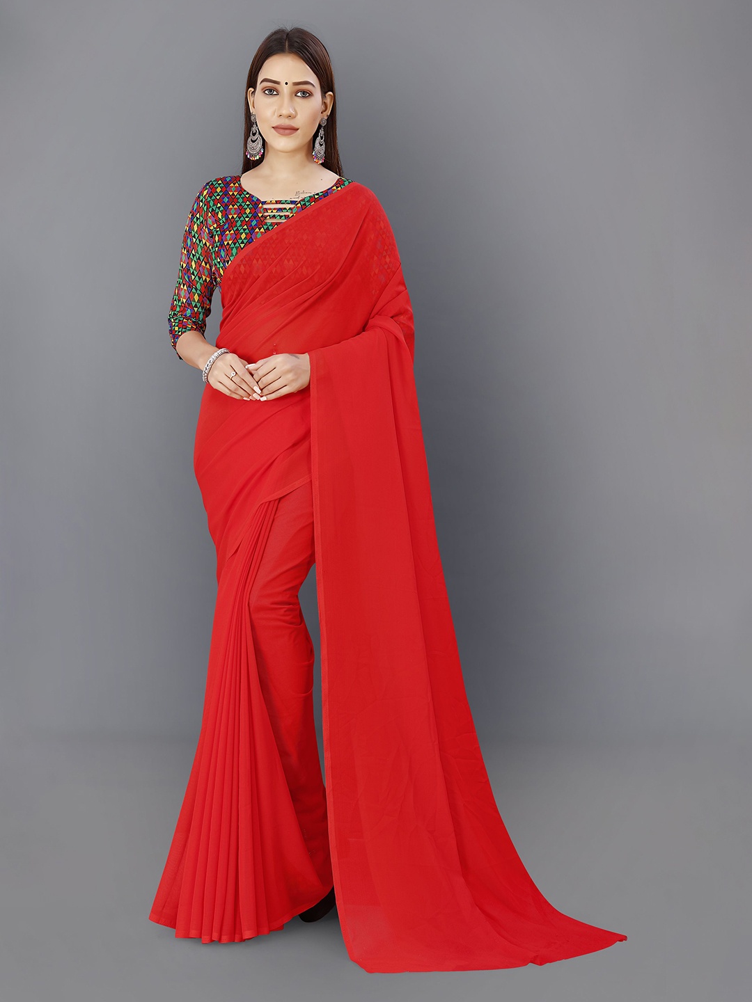 

ANAND SAREES Solid Saree, Red