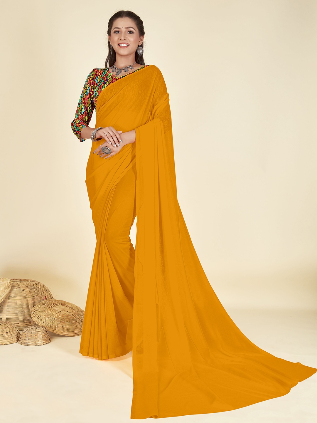 

ANAND SAREES Solid Poly Georgette Saree, Yellow