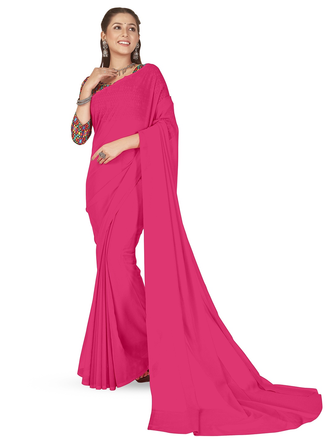

ANAND SAREES Solid Poly Georgette Saree, Pink