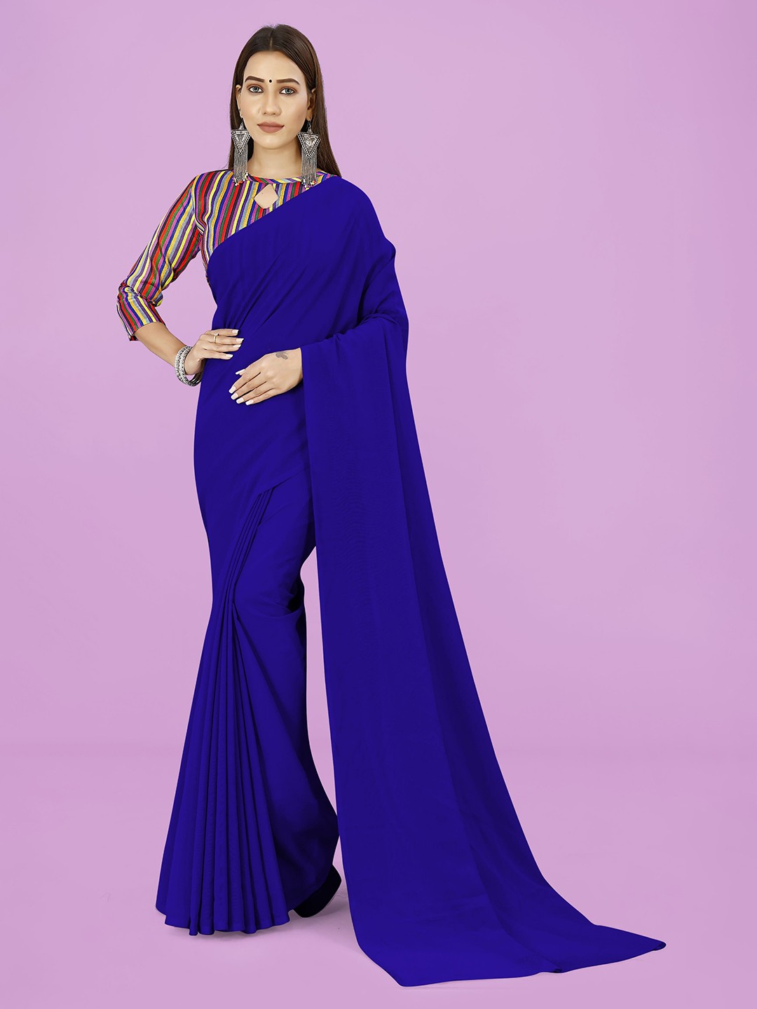 

ANAND SAREES Solid Poly Georgette Saree, Blue