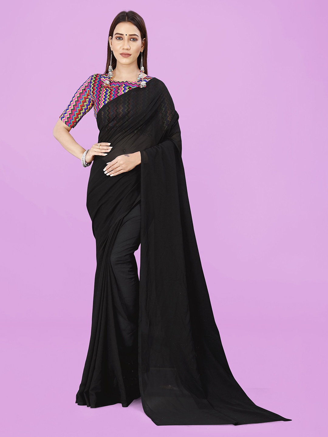 

ANAND SAREES Solid Georgette Saree, Black