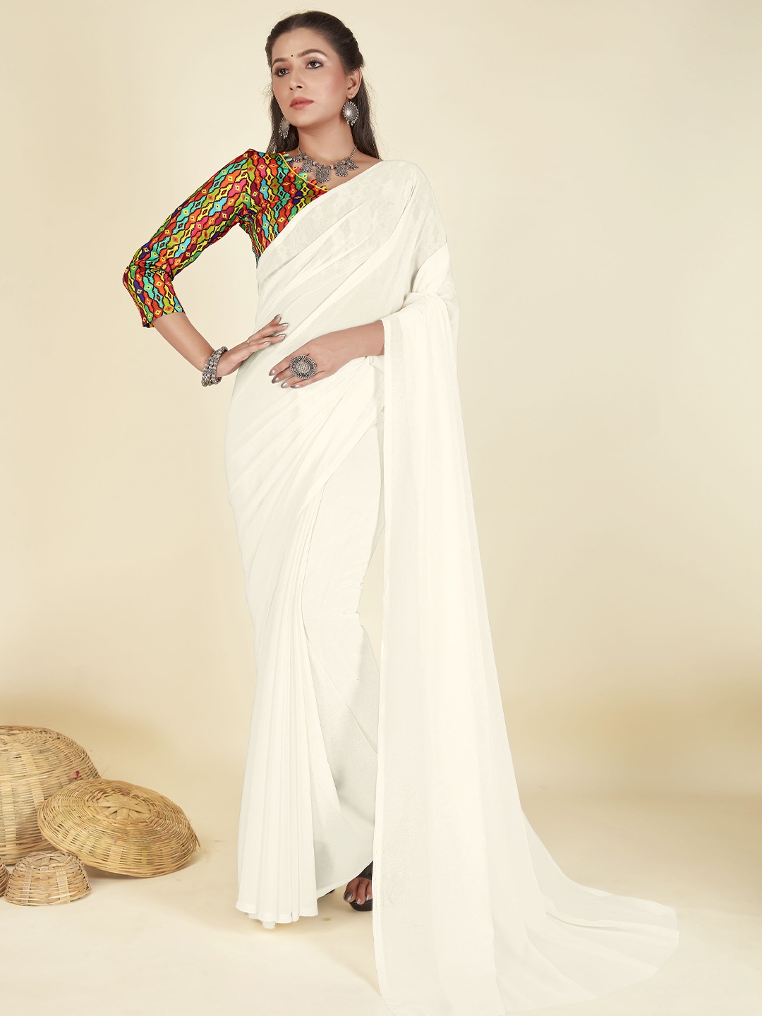 

ANAND SAREES Poly Georgette Saree, White