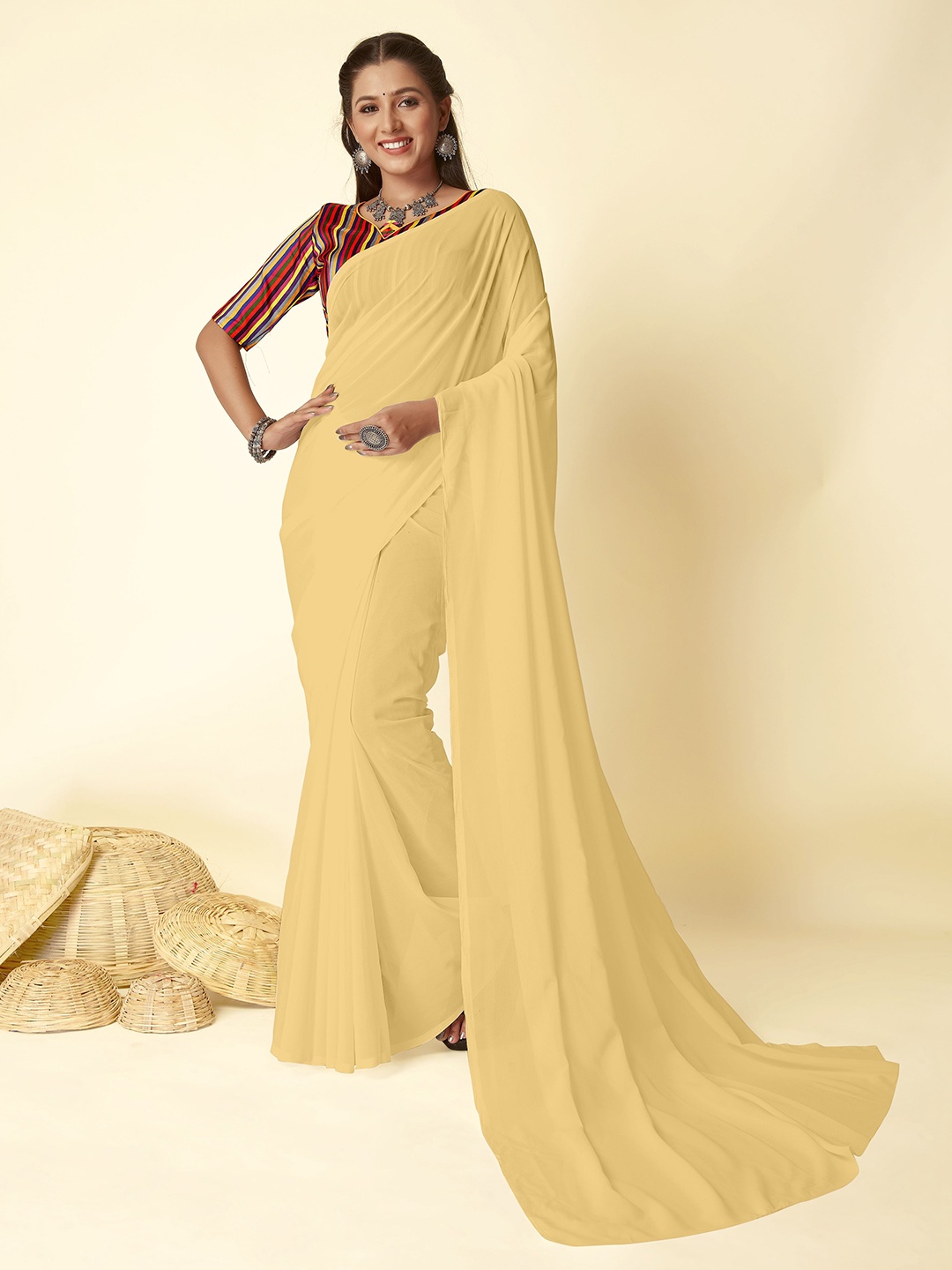 

ANAND SAREES Solid Poly Georgette Saree, Beige