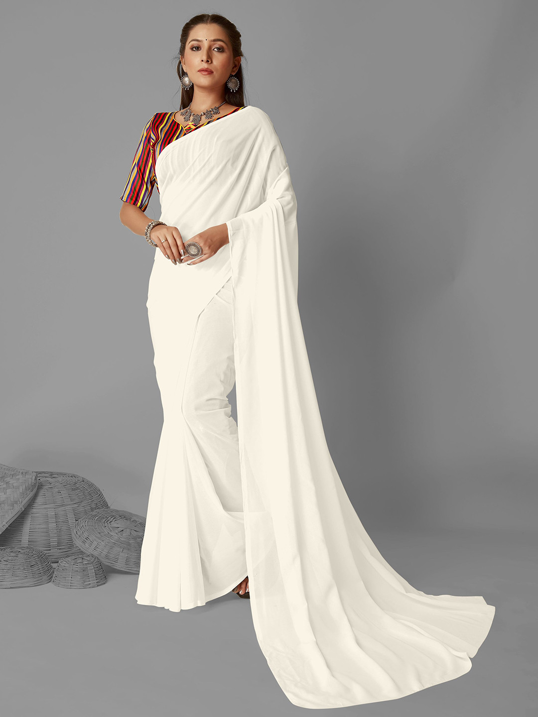 

ANAND SAREES Solid Saree, White