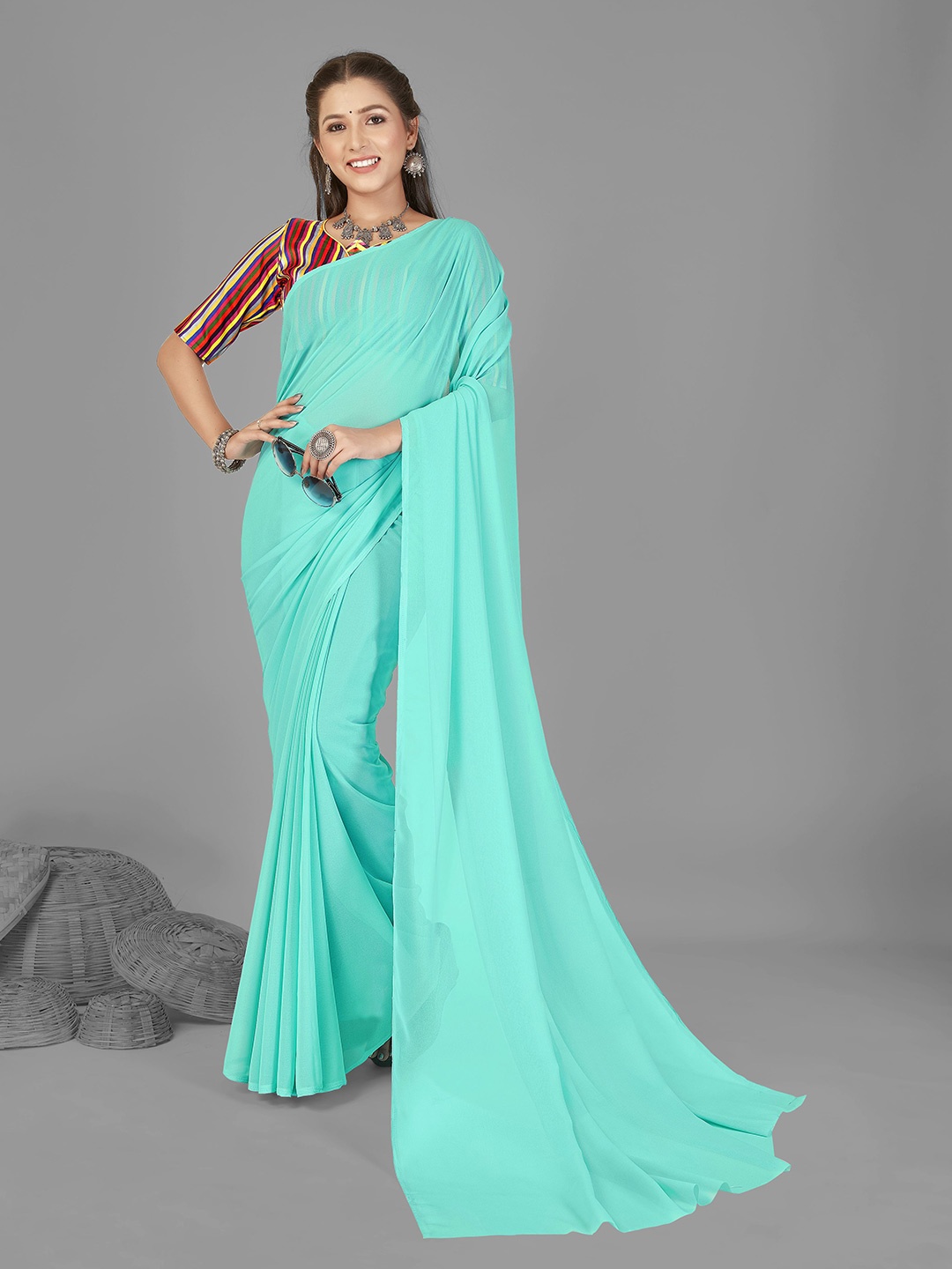 

ANAND SAREES Solid Poly Georgette Saree, Blue