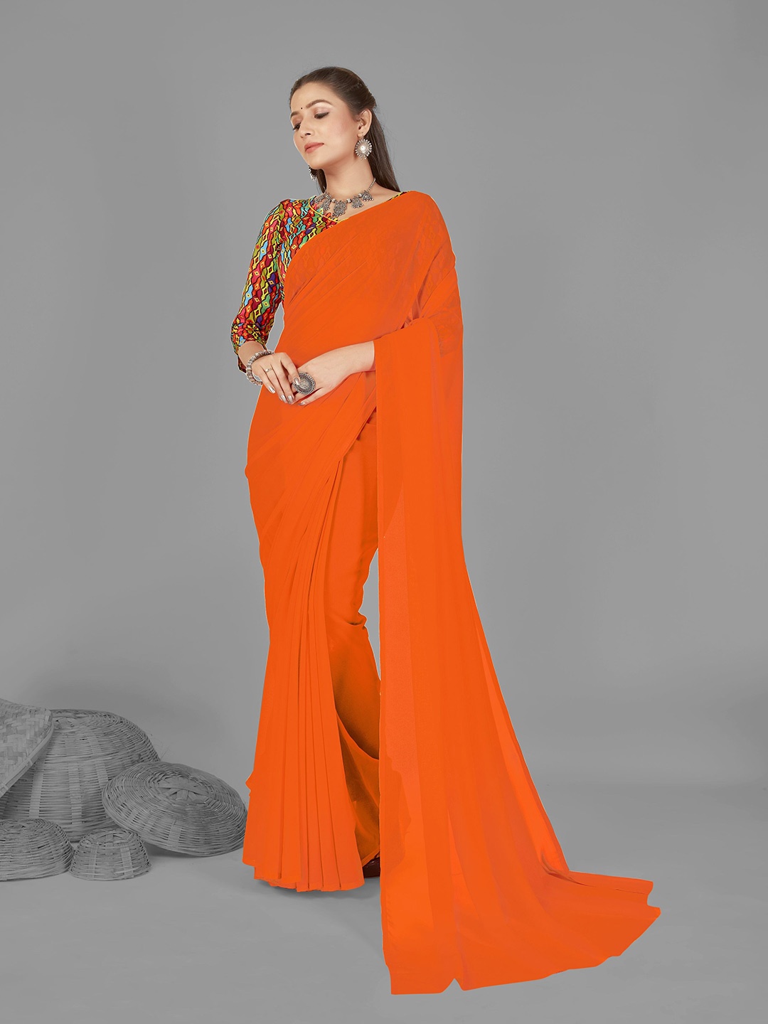 

ANAND SAREES Solid Poly Georgette Saree, Orange