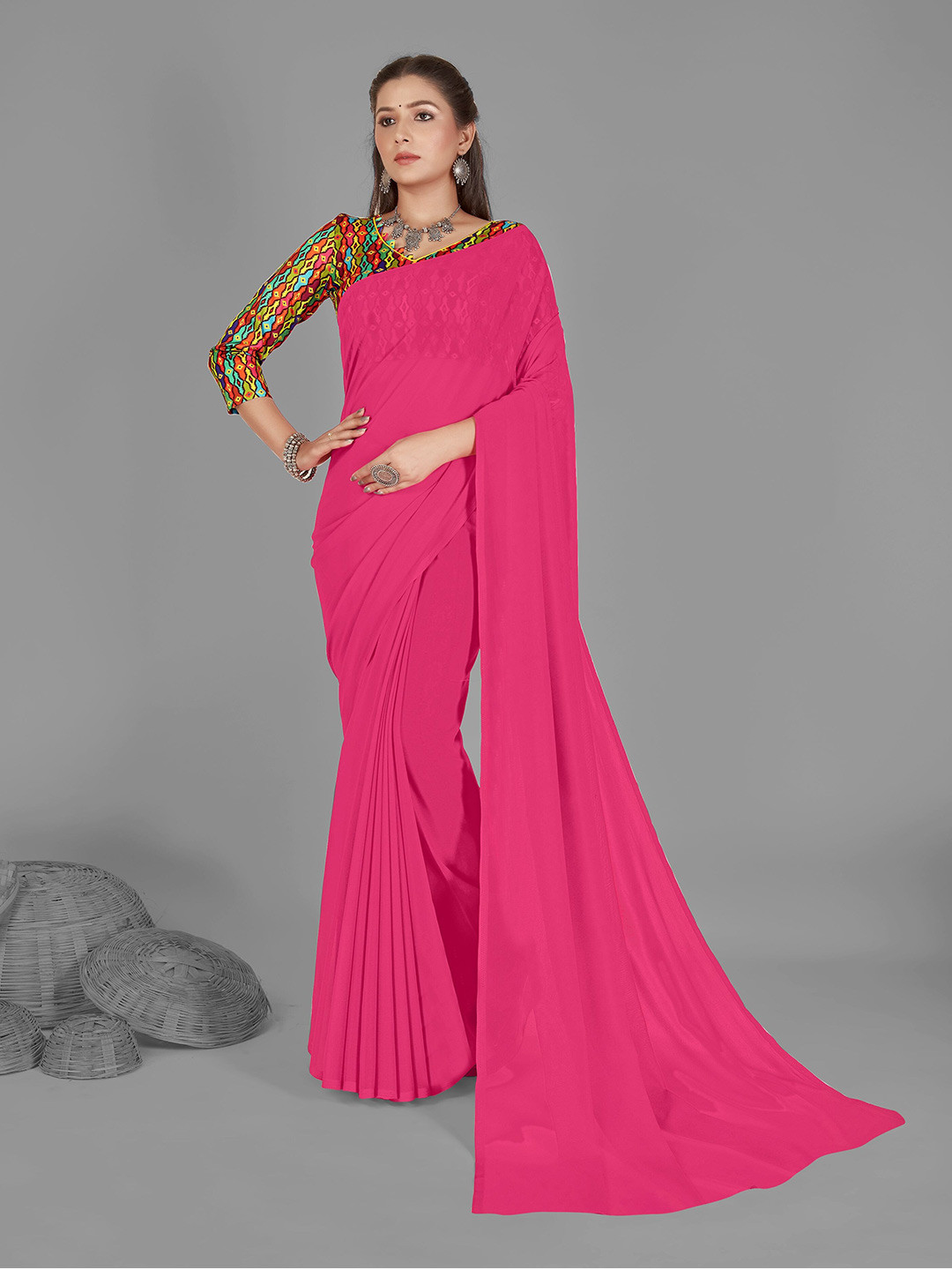 

ANAND SAREES Solid Ethnic Saree, Pink