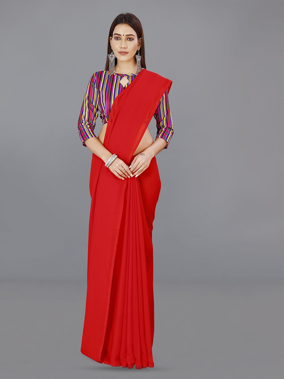 

ANAND SAREES Solid Georgette Saree, Red