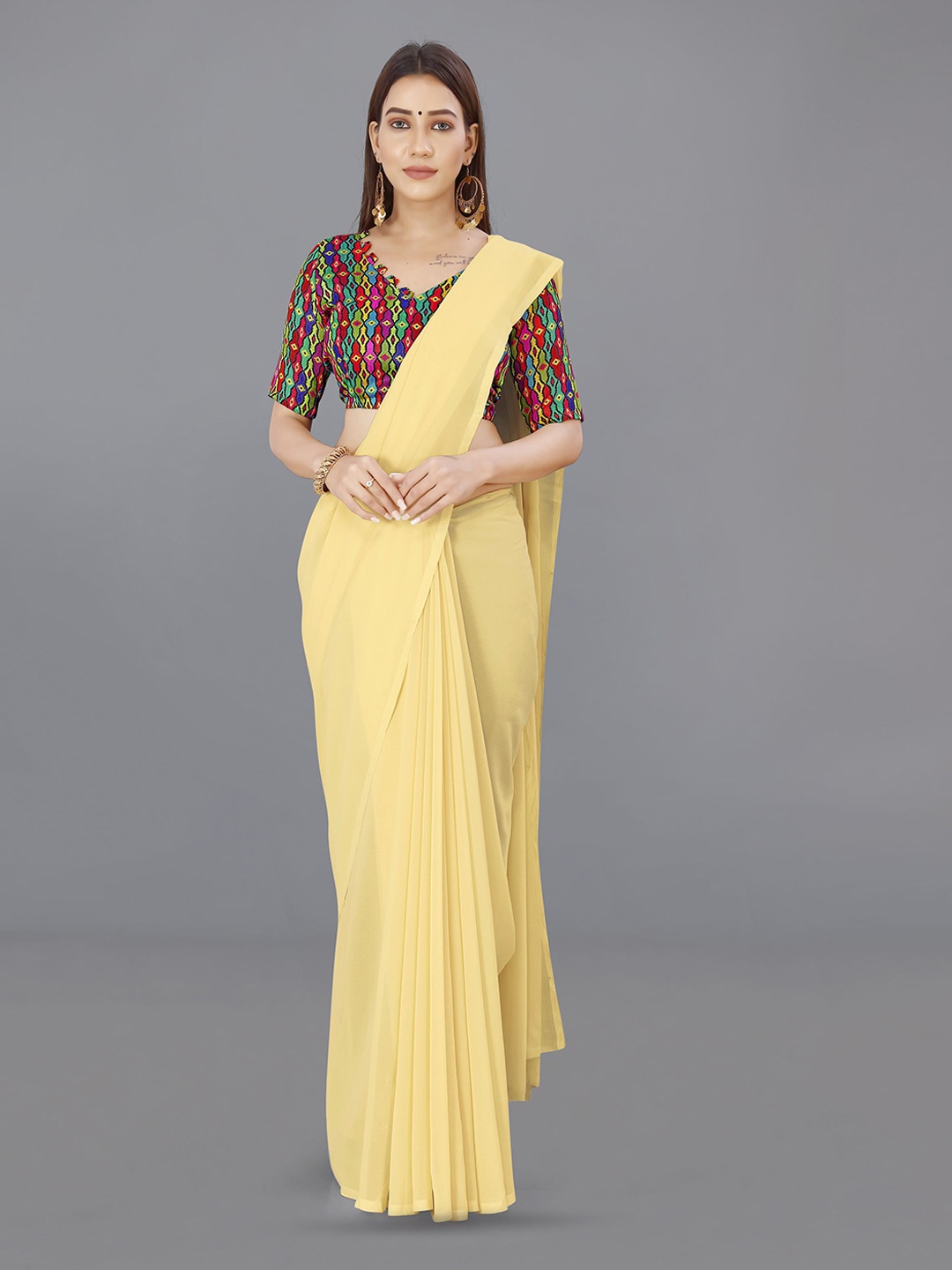 

ANAND SAREES Solid Georgette Saree, Cream
