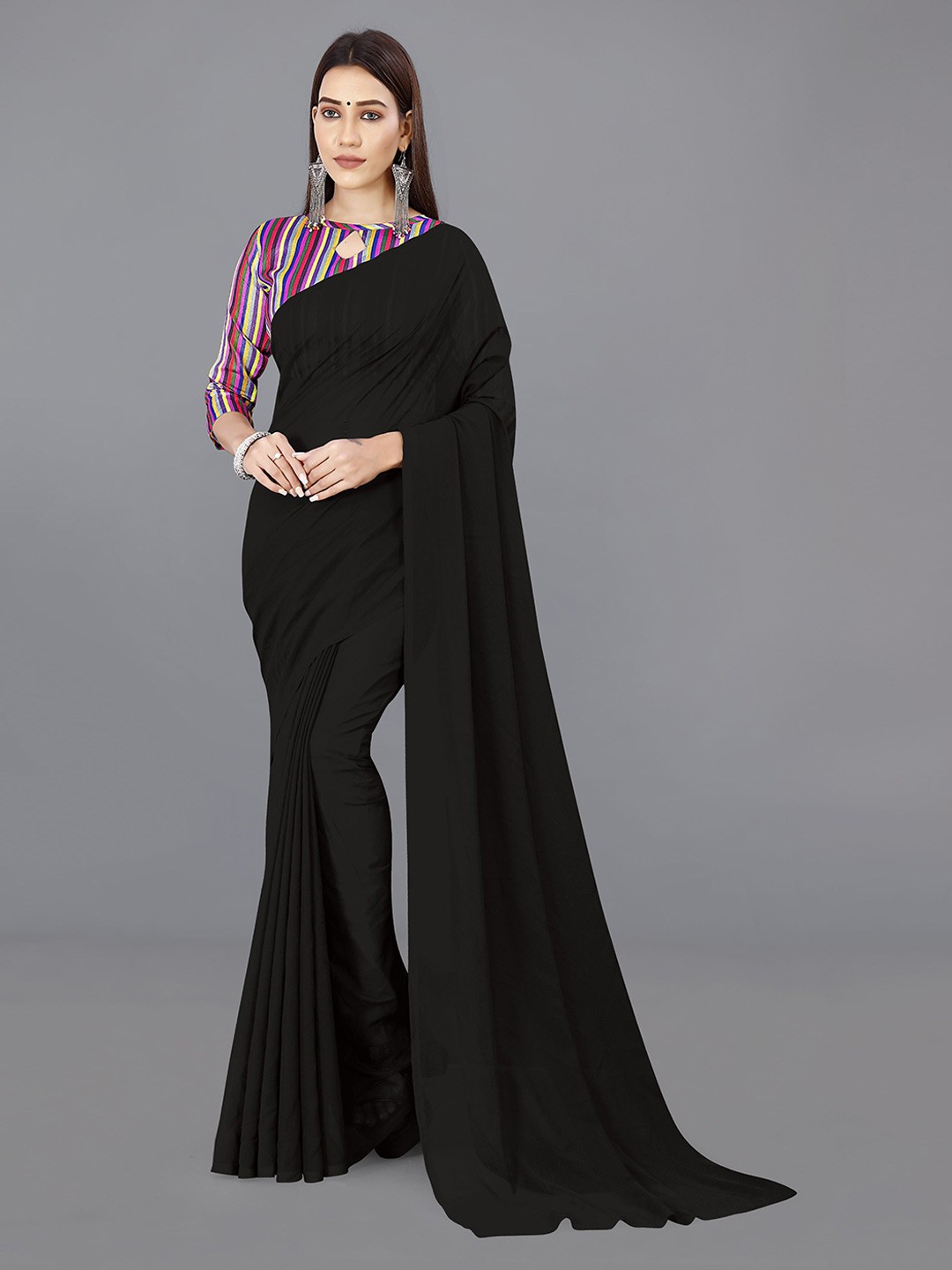 

ANAND SAREES Solid Poly Georgette Saree, Black