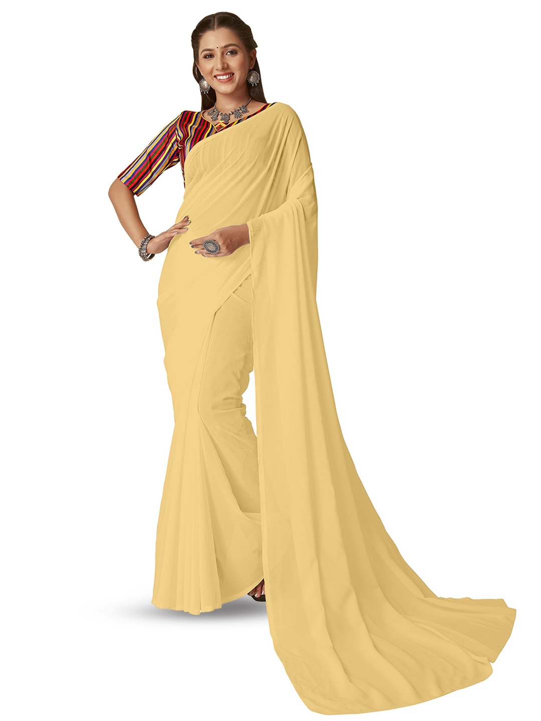 

ANAND SAREES Solid Poly Georgette Saree, Beige