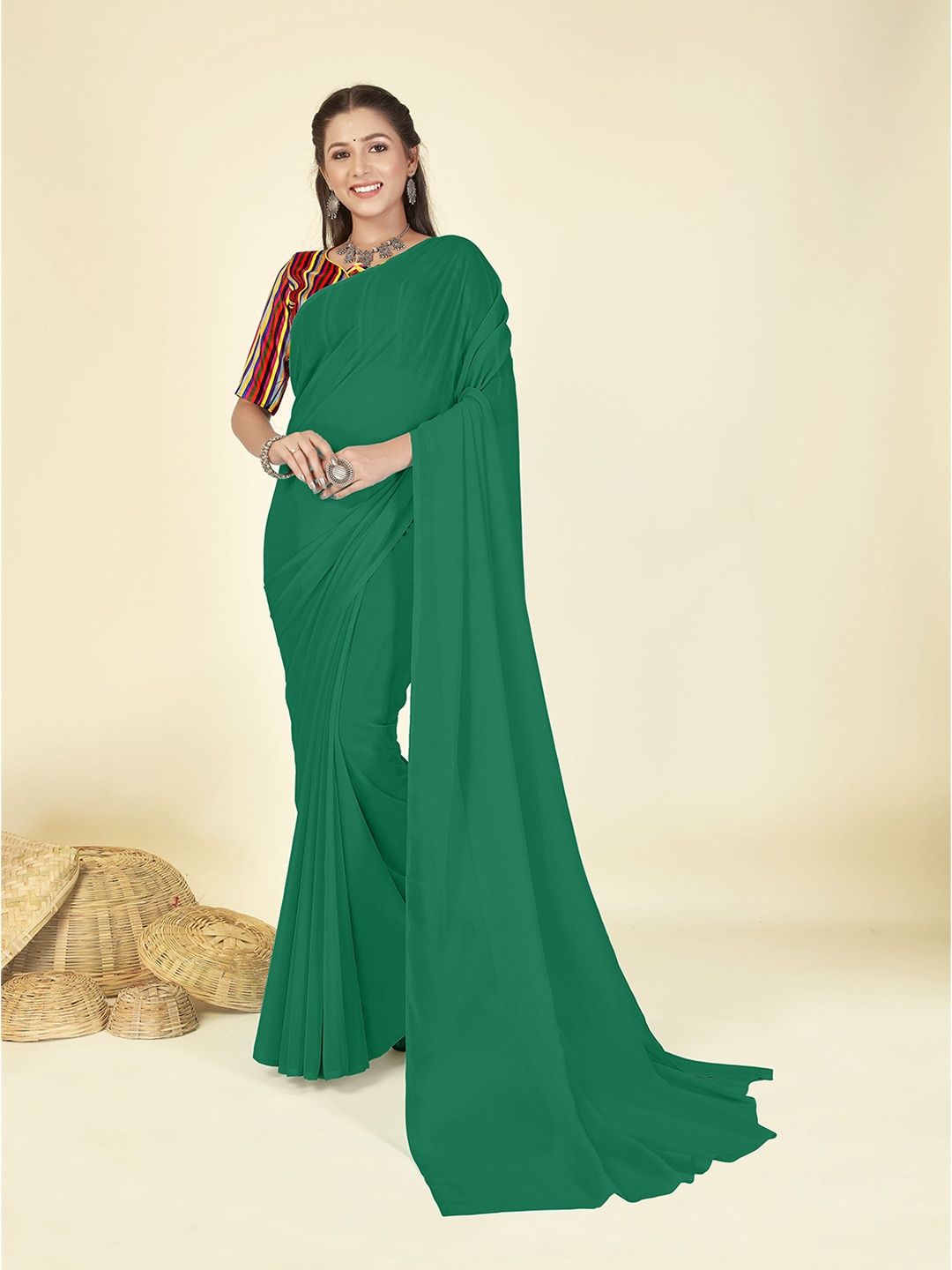 

ANAND SAREES Solid Poly Georgette Saree, Green