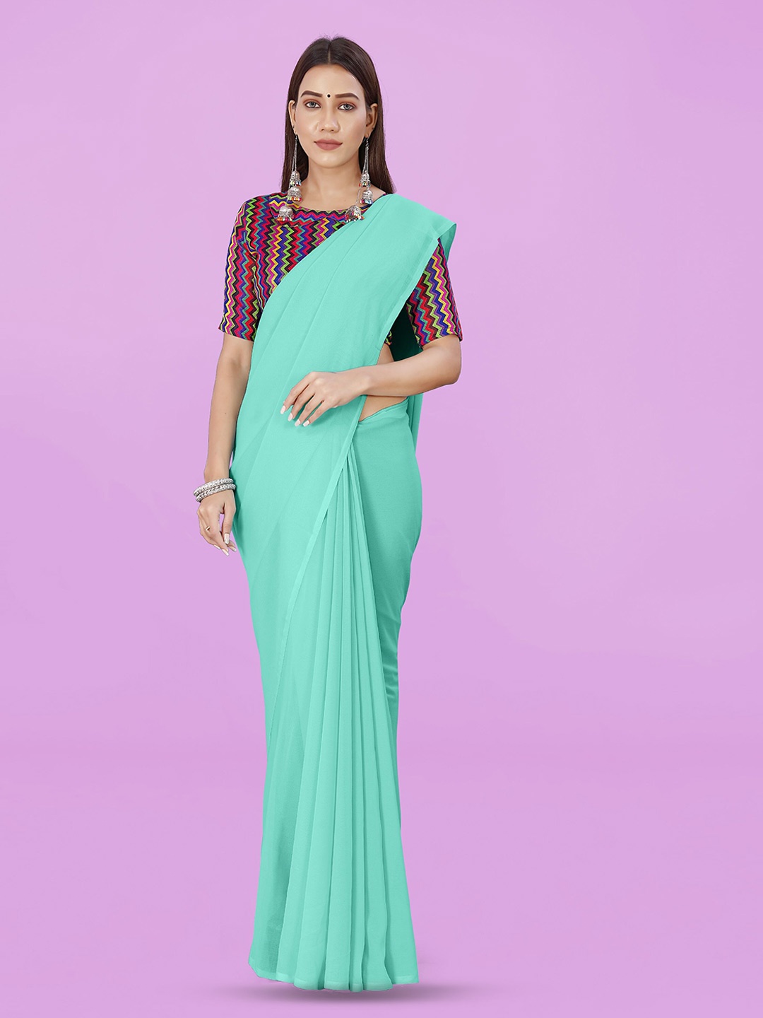 

ANAND SAREES Solid Poly Georgette Saree, Sea green