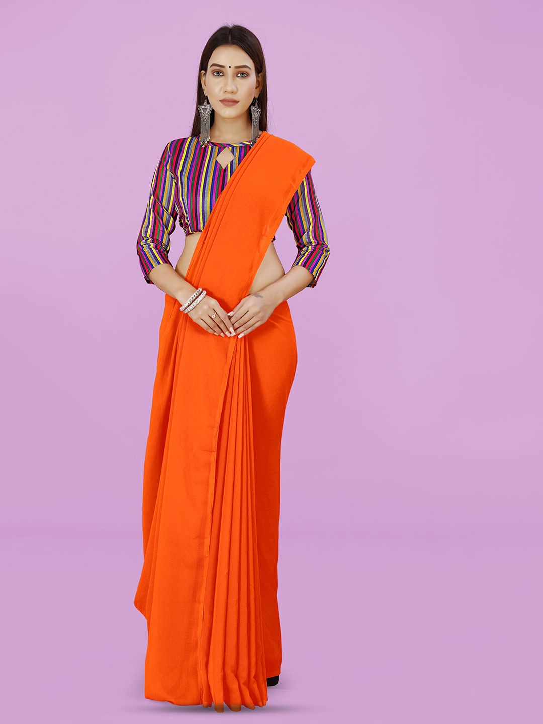 

ANAND SAREES Solid Poly Georgette Saree, Orange