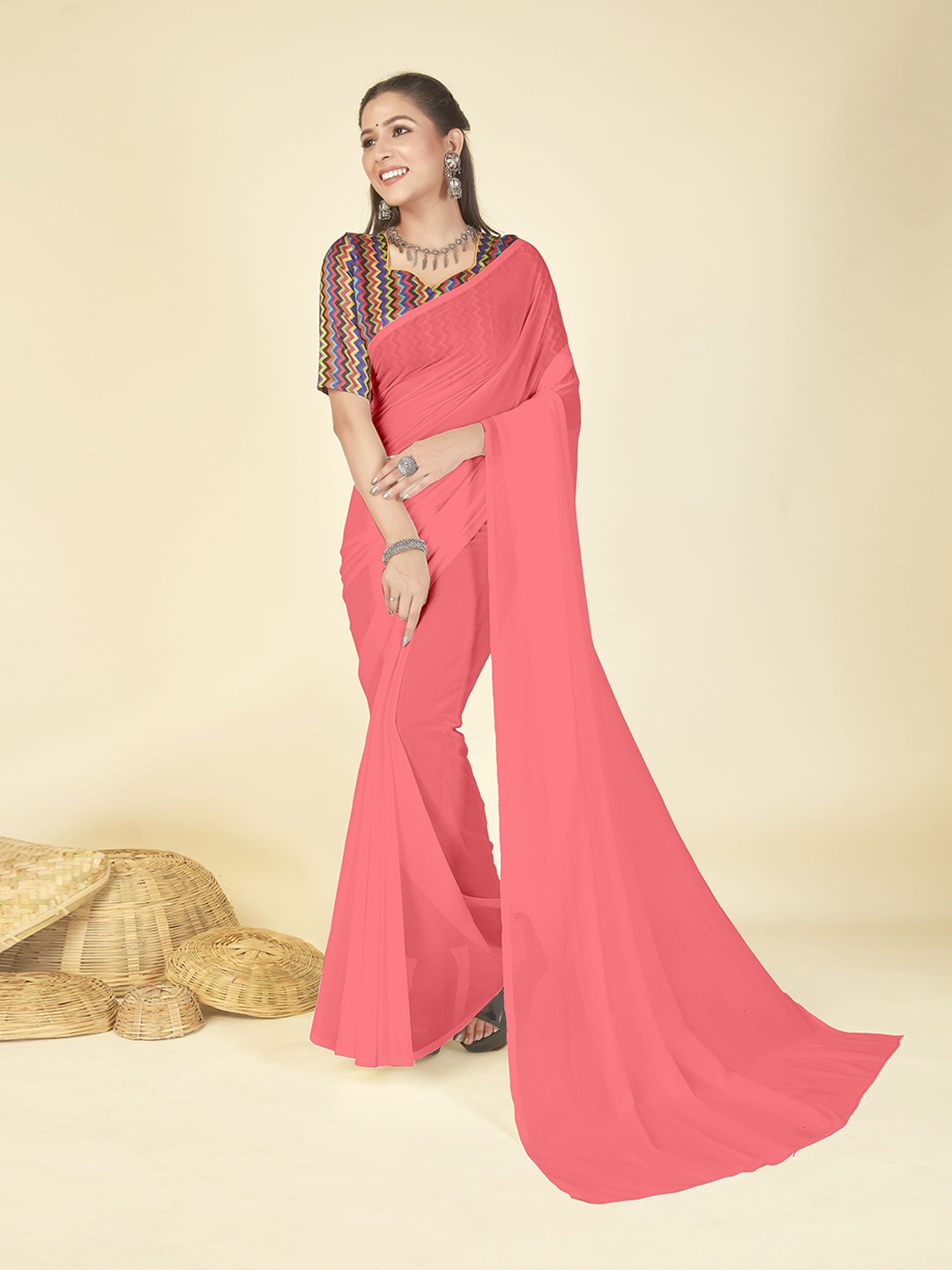 

ANAND SAREES Solid Poly Georgette Saree, Pink