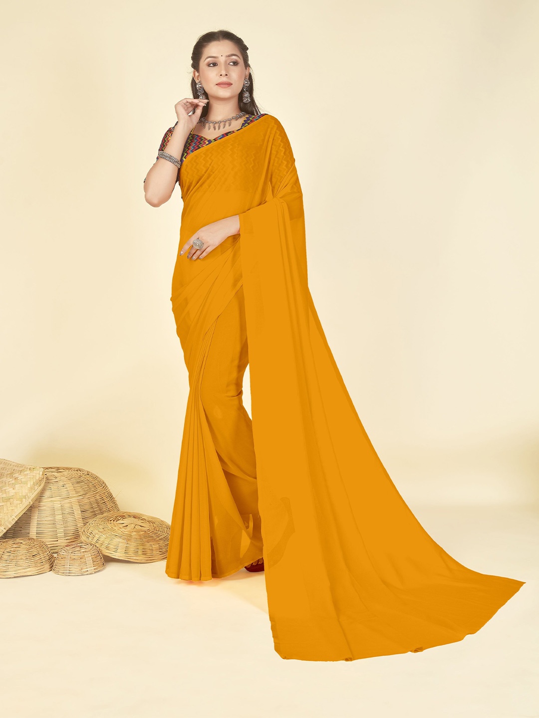 

ANAND SAREES Solid Poly Georgette Saree, Yellow