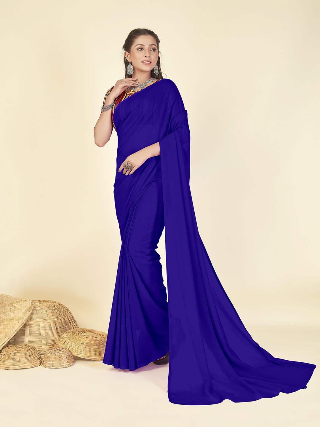 

ANAND SAREES Saree With Printed Blouse Piece, Blue