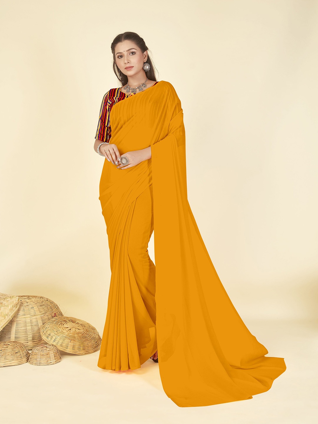 

ANAND SAREES Solid Georgette Saree, Yellow