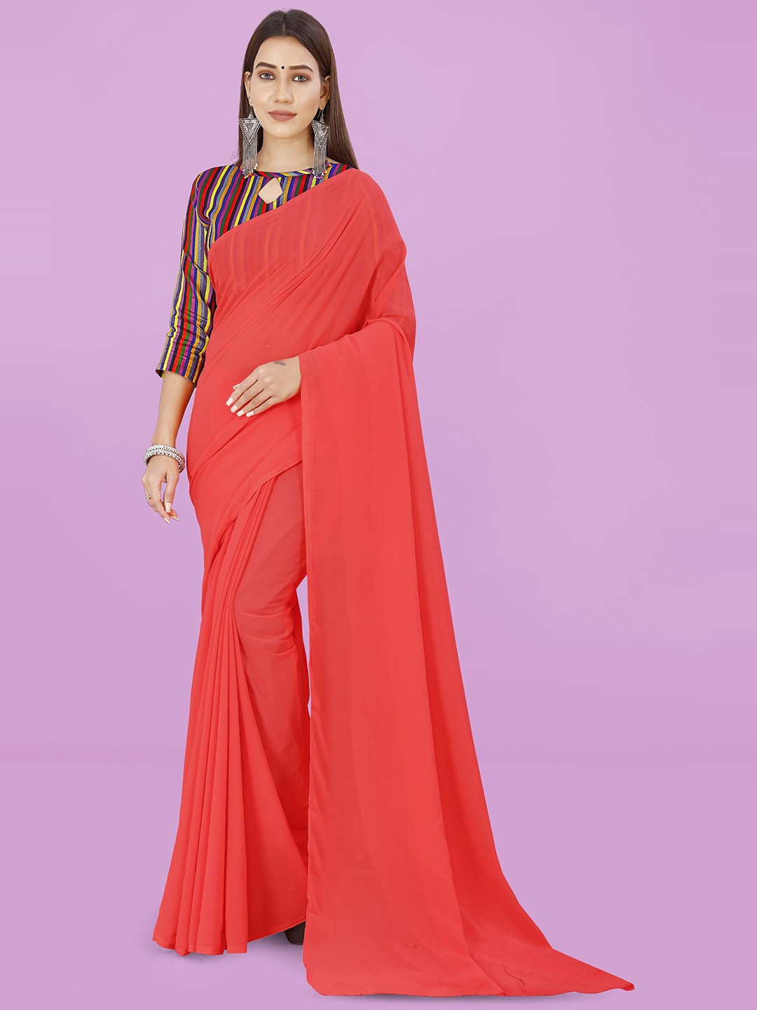 

ANAND SAREES Solid Poly Georgette Saree, Red